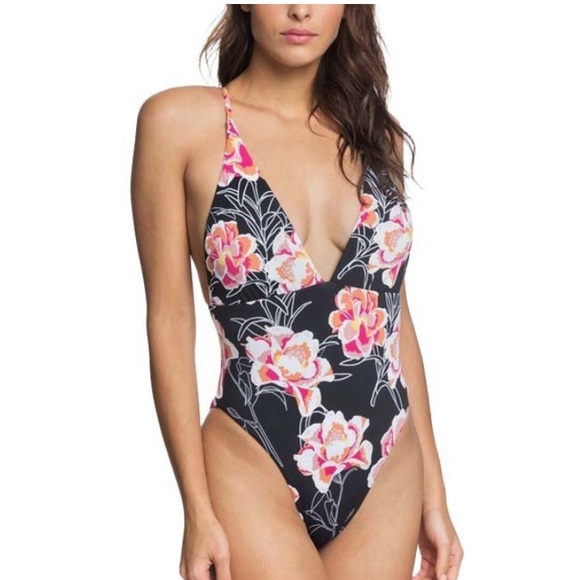 ROXY Anthracite Zilla Floral V-Neck One-Piece Swimsuit Women’s Junior Size Small - Picture 3 of 5